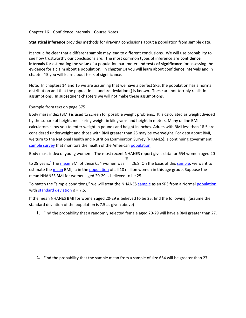 Chapter 16 Confidence Intervals Course Notes