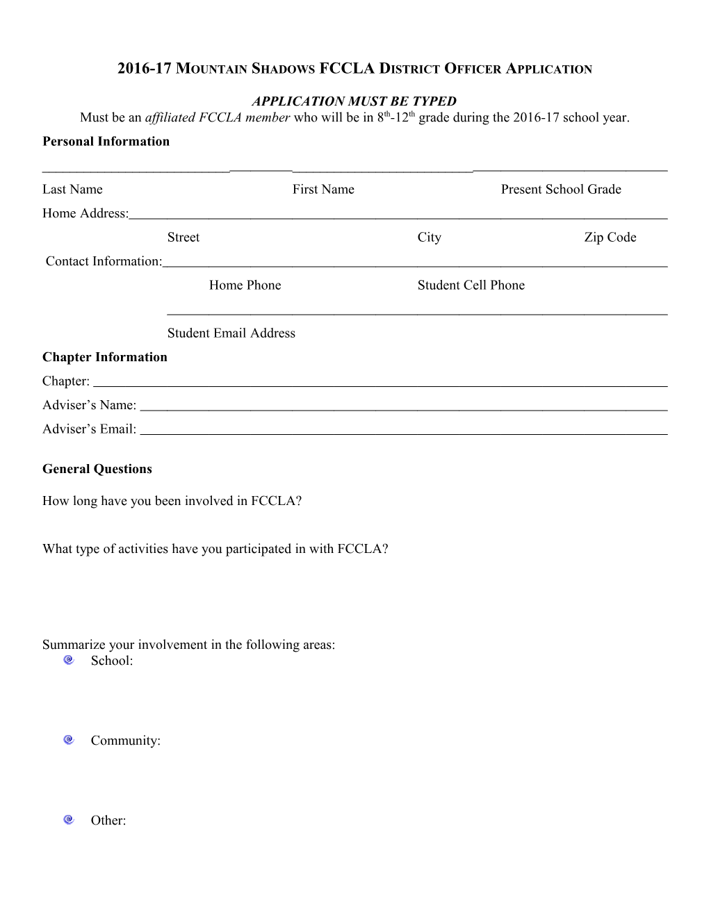 Mountain Shadows Fccla District Officer Application