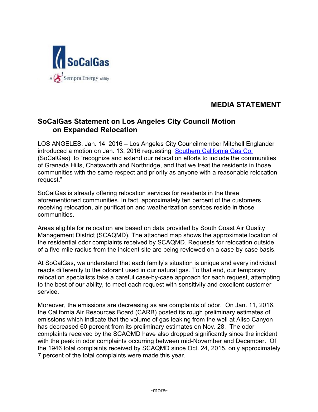 Socalgas Statement on Los Angeles City Council Motionon Expanded Relocation