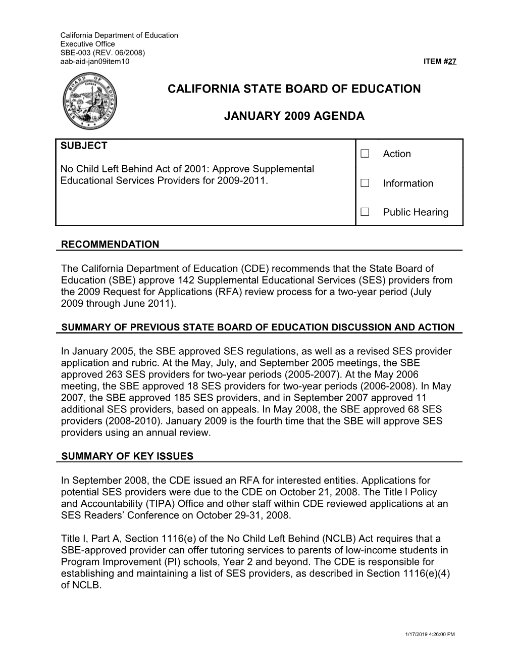 January 2009 Agenda Item 27 - Meeting Agendas (CA State Board of Education)