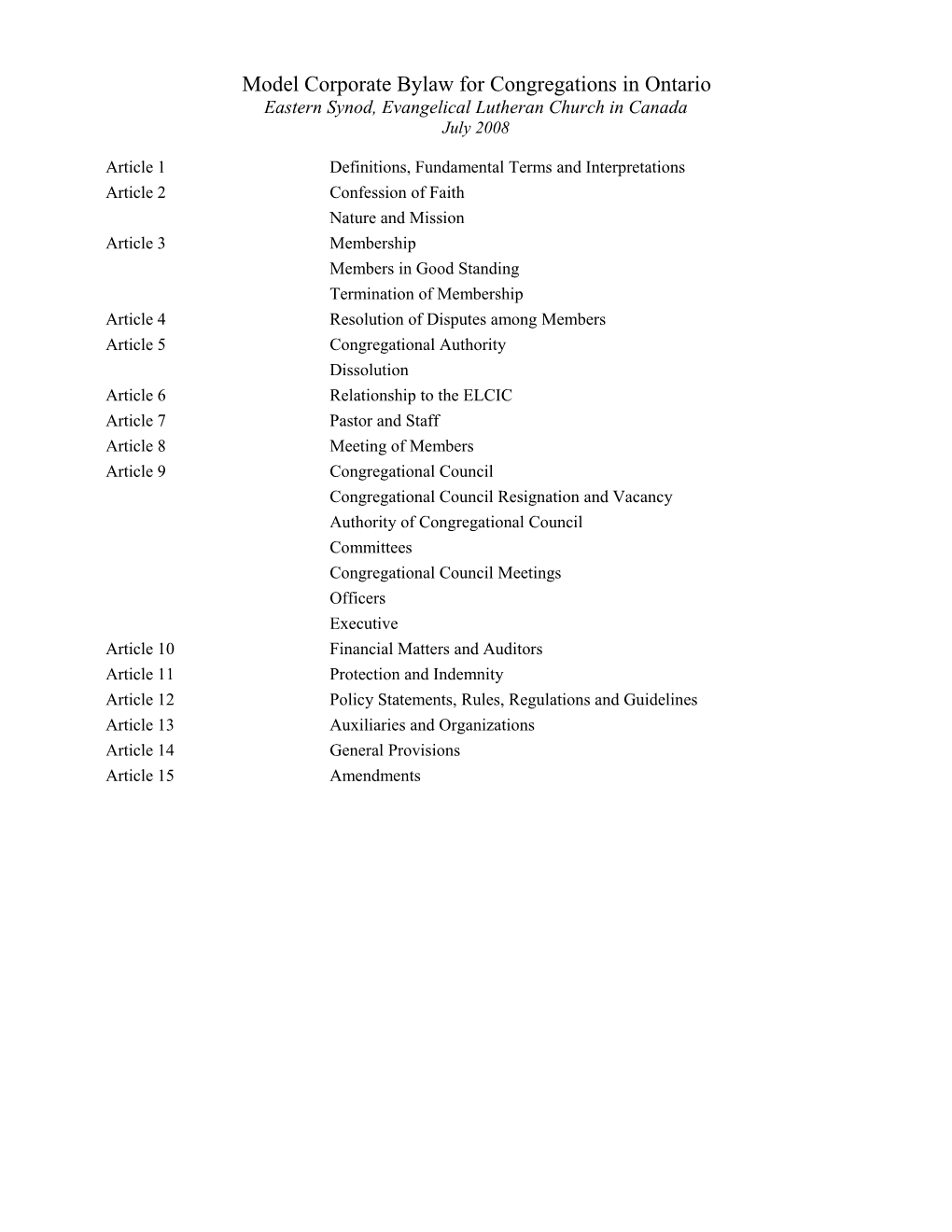 Model Corporate Bylaw for Congregations in Ontario