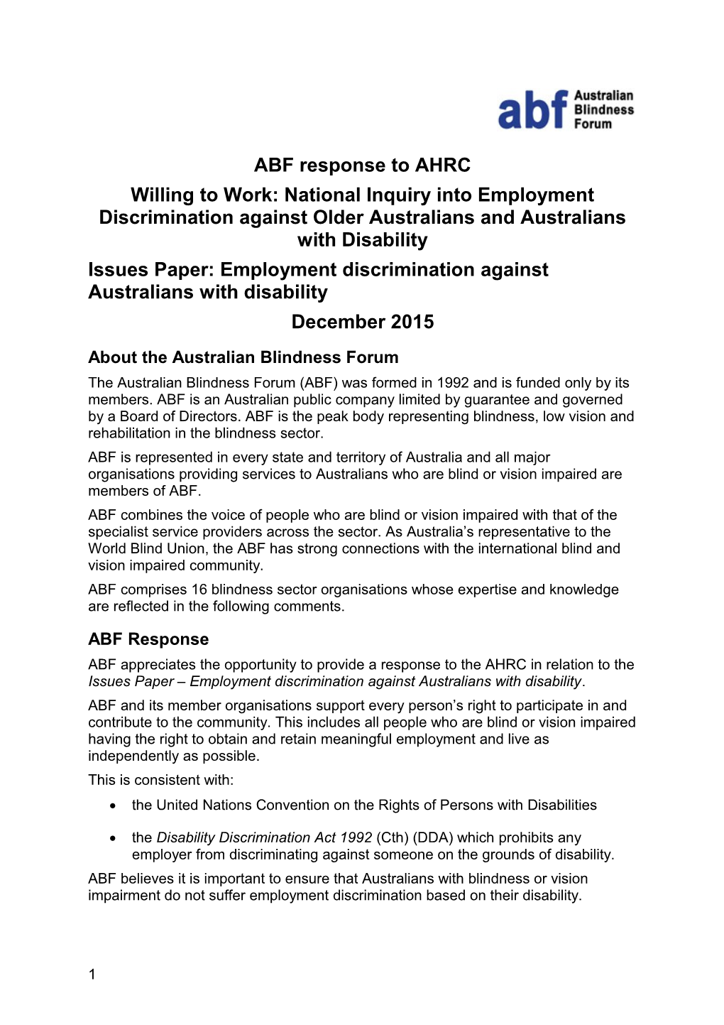 Issues Paper: Employment Discrimination Against Australians with Disability