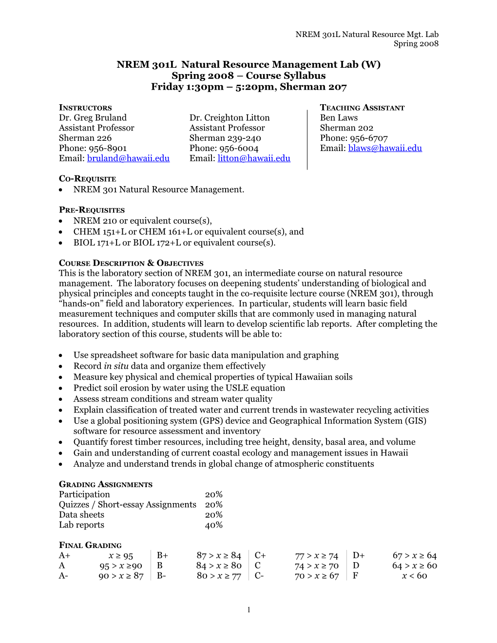 NREM 301L Natural Resource Management Lab (W)