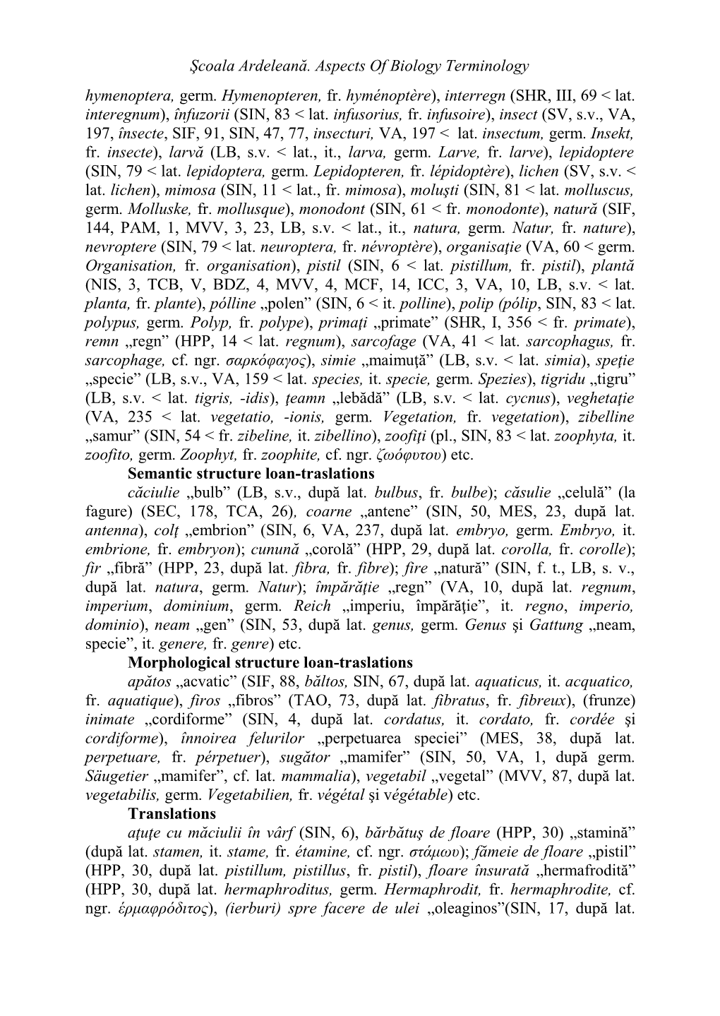 Şcoala Ardeleană. Aspects of Biology Terminology