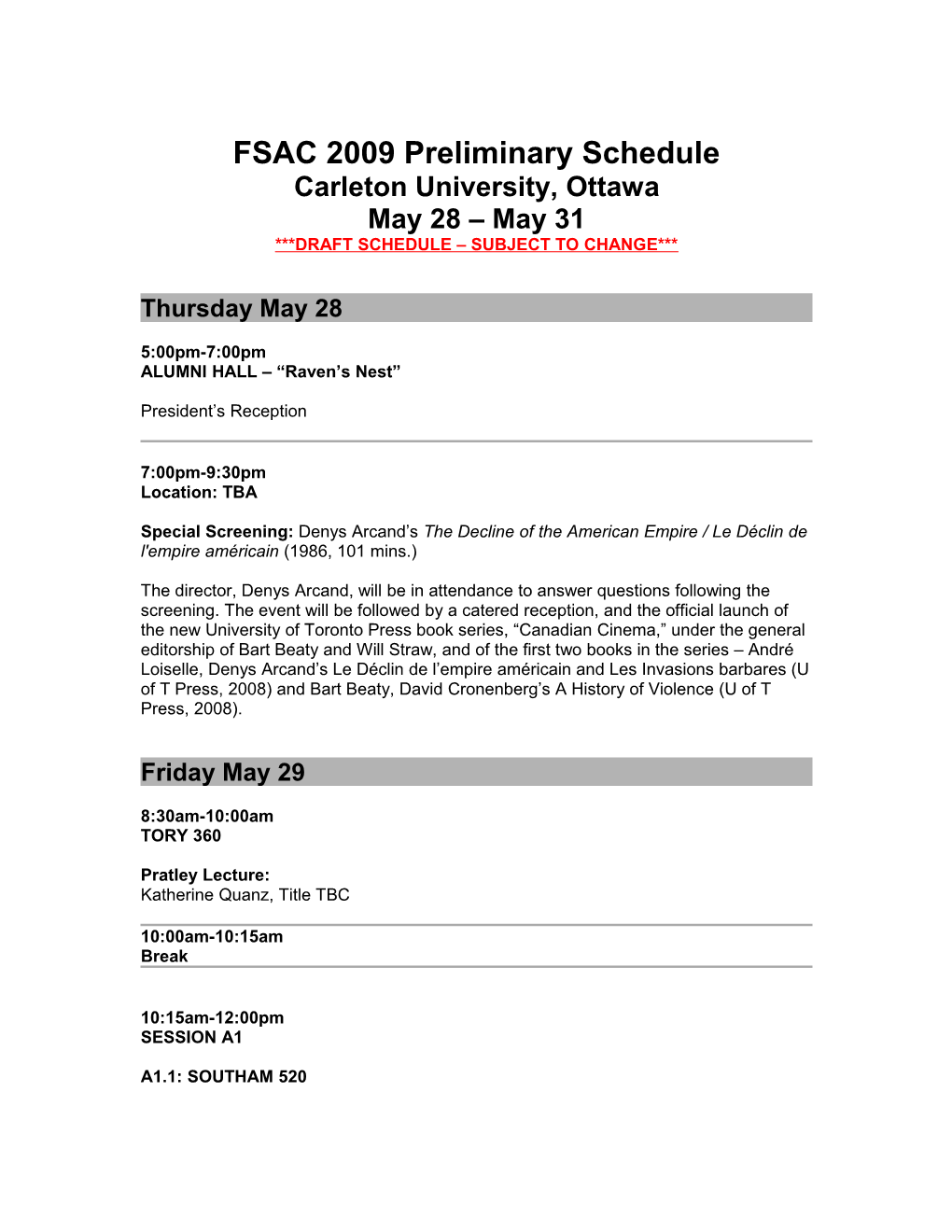 FSAC 2009 Preliminary Schedule