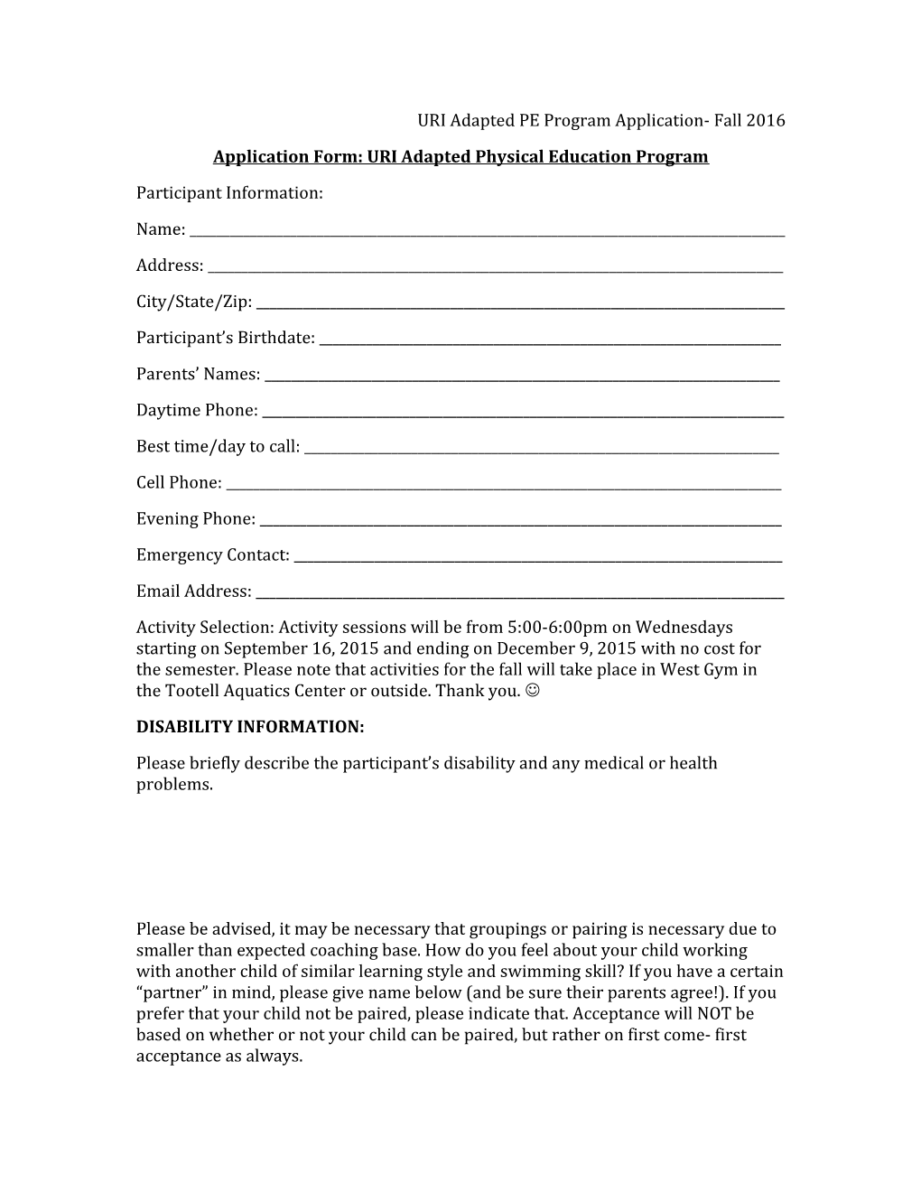 Application Form: URI Adapted Physical Education Program