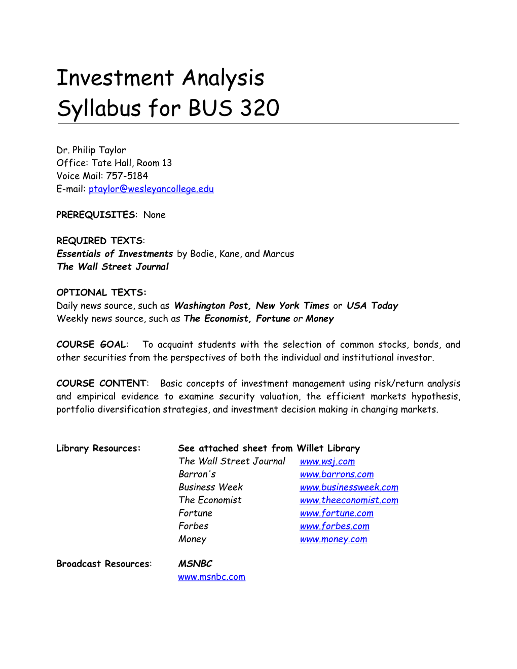 BUS 320 - Investments Analysis