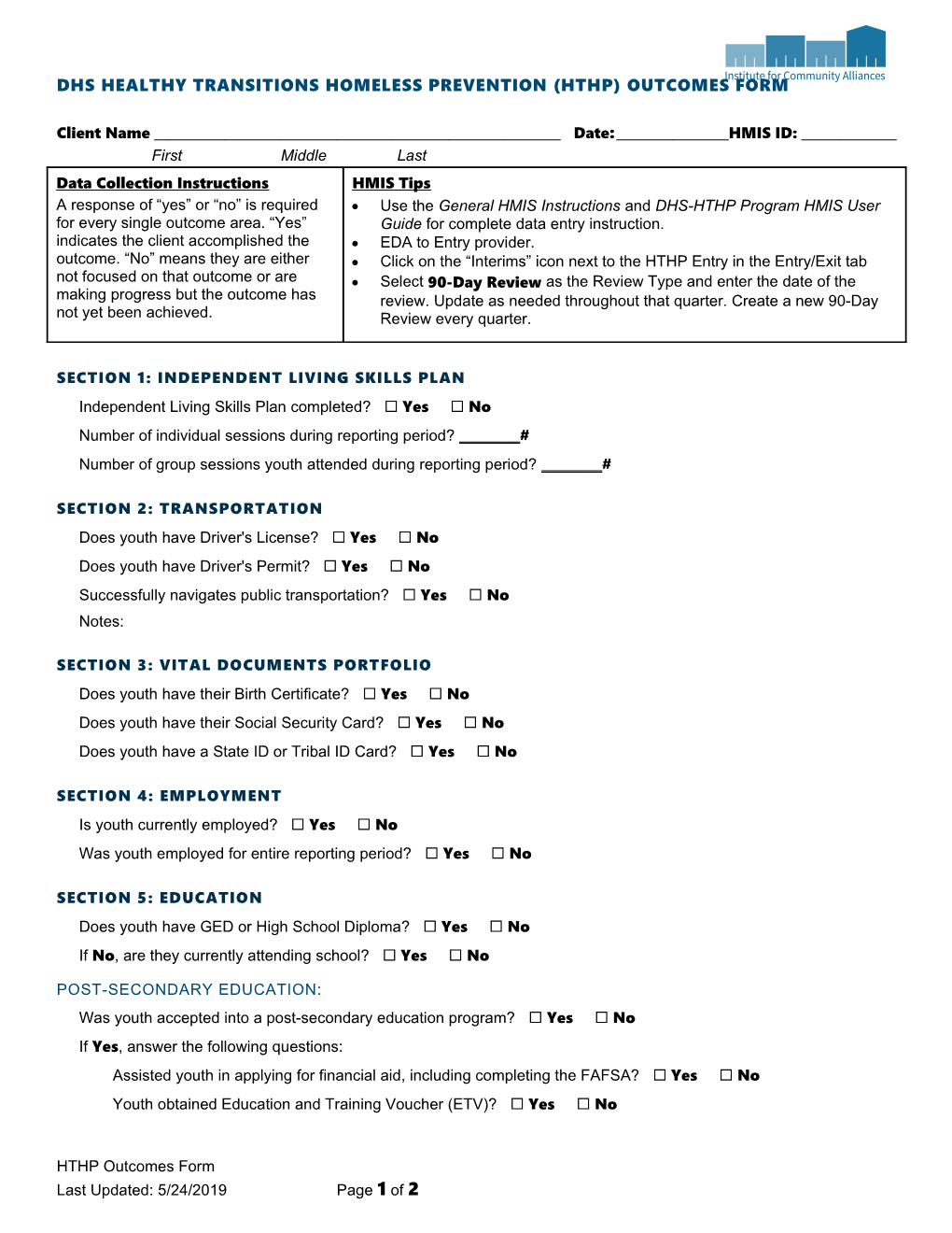 DHS Healthy Transitions Homeless Prevention (HTHP) Outcomes Form