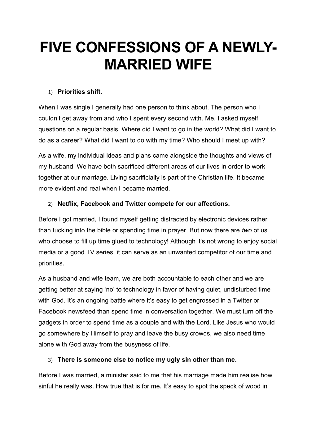 Five Confessions of a Newly-Married Wife