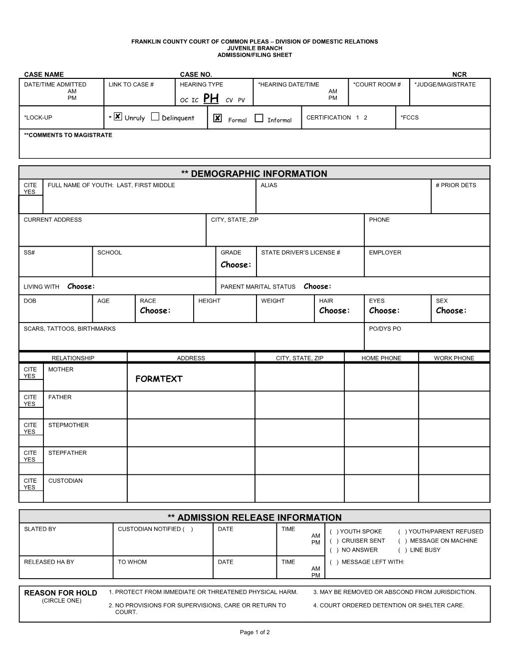Truancy Filing Form 2 Admission Filing Sheet