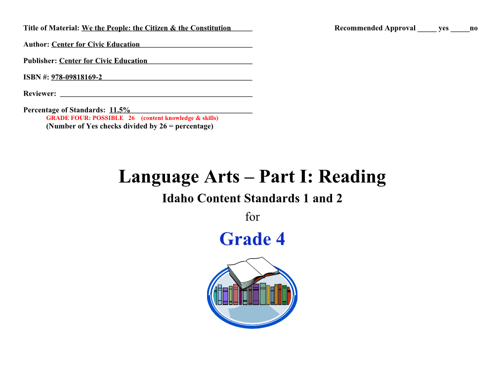 Language Arts - Part I: Reading Content Standards- Grade 4 Evaluation Form