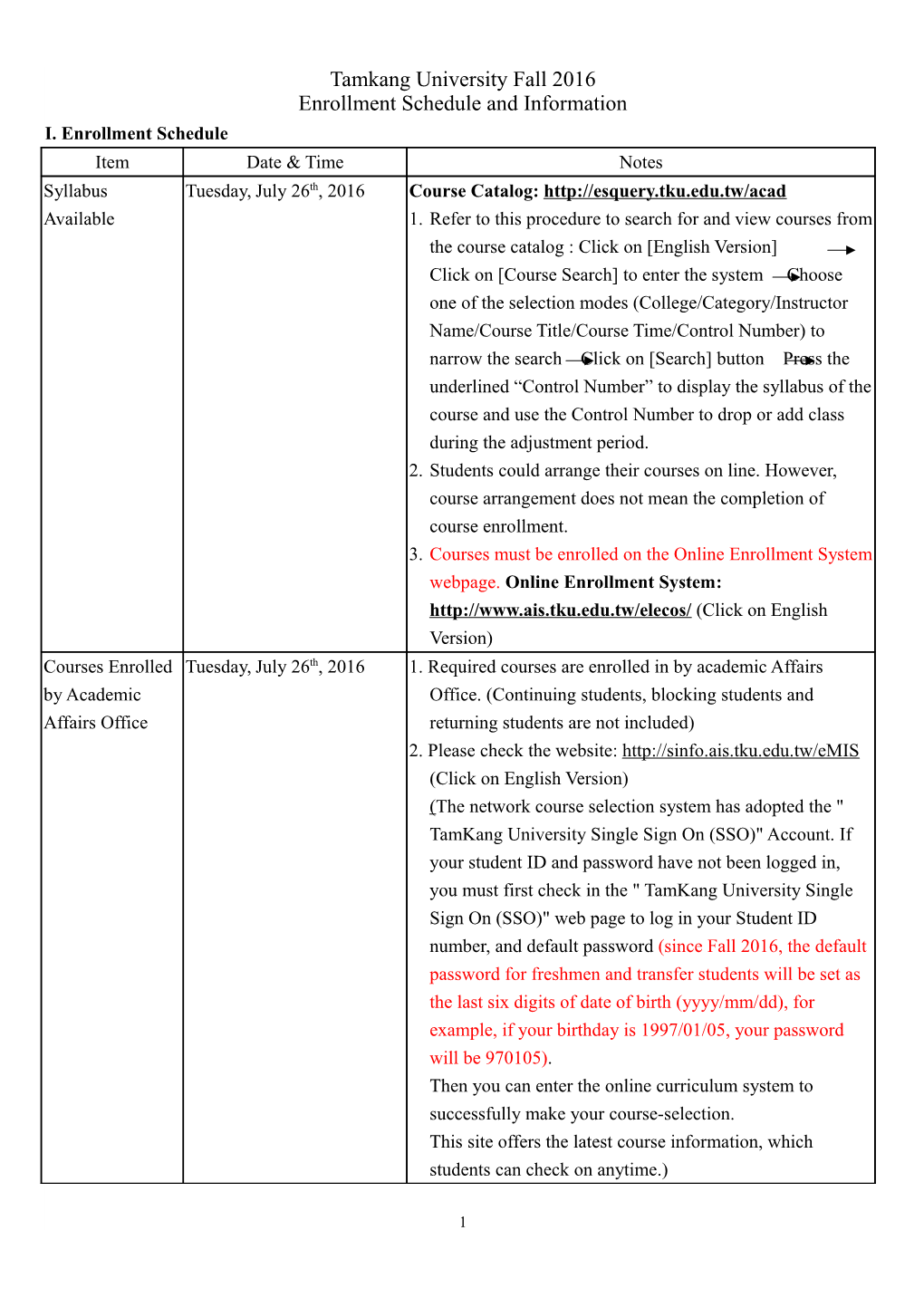 Enrollment Schedule and Information