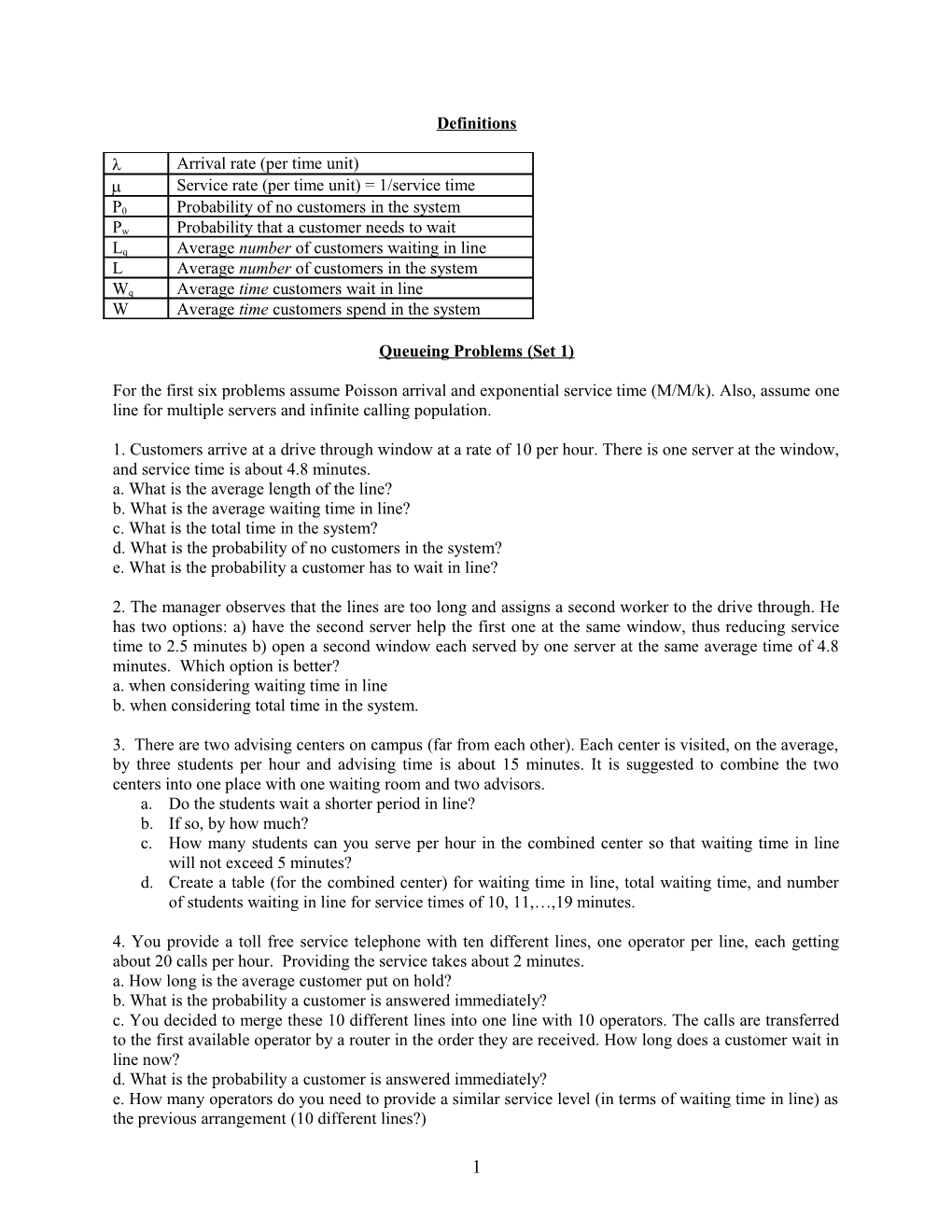 Queueing Problems to Be Solved in Class