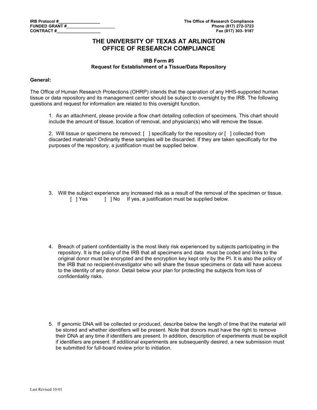 Tissue Repository Form