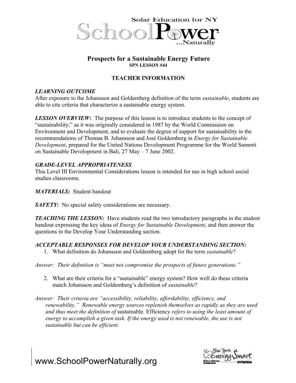 Prospects for a Sustainable Energy Future SPN#44