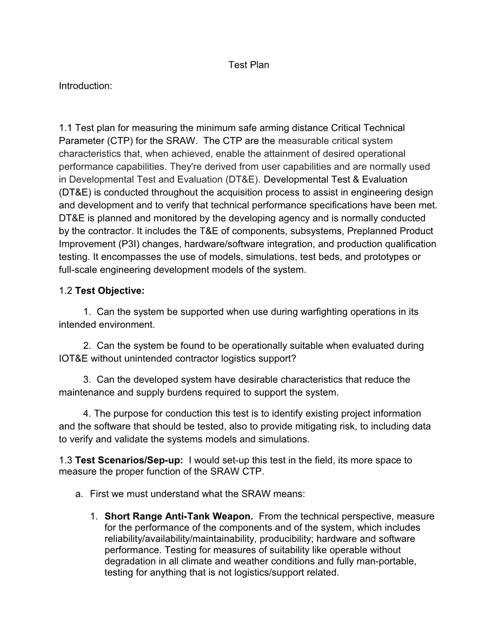 1.1 Test Plan for Measuring the Minimum Safe Arming Distance Critical Technical Parameter