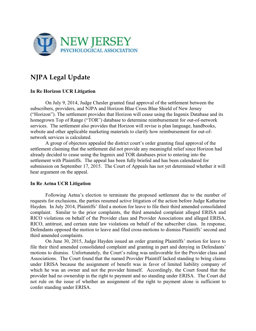 NJPA Legal Update in Re Horizon UCR Litigation