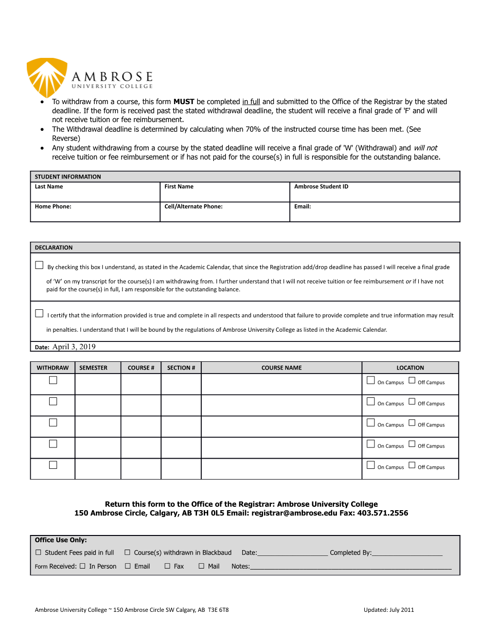 Return This Form to the Office of the Registrar: Ambrose University College