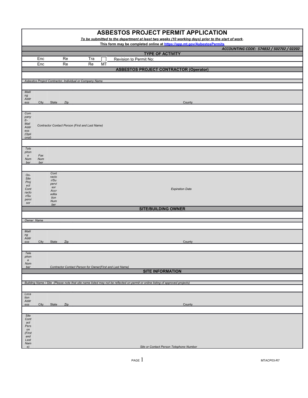 Application for a Montana Asbestos Abatement Project Permit and NESHAP Demolition Renovation