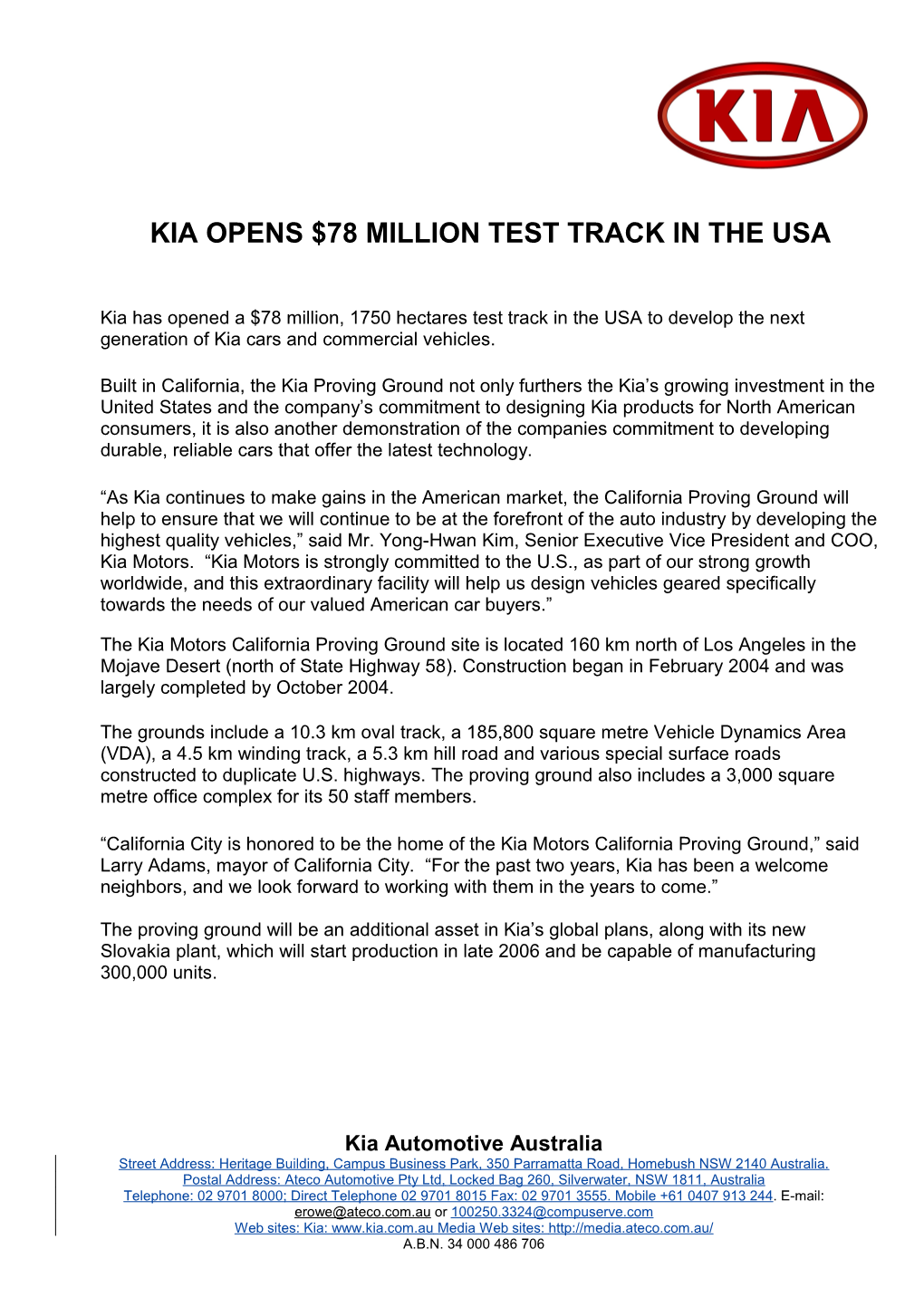 Kia Opens $78 Million Test Track in the Usa