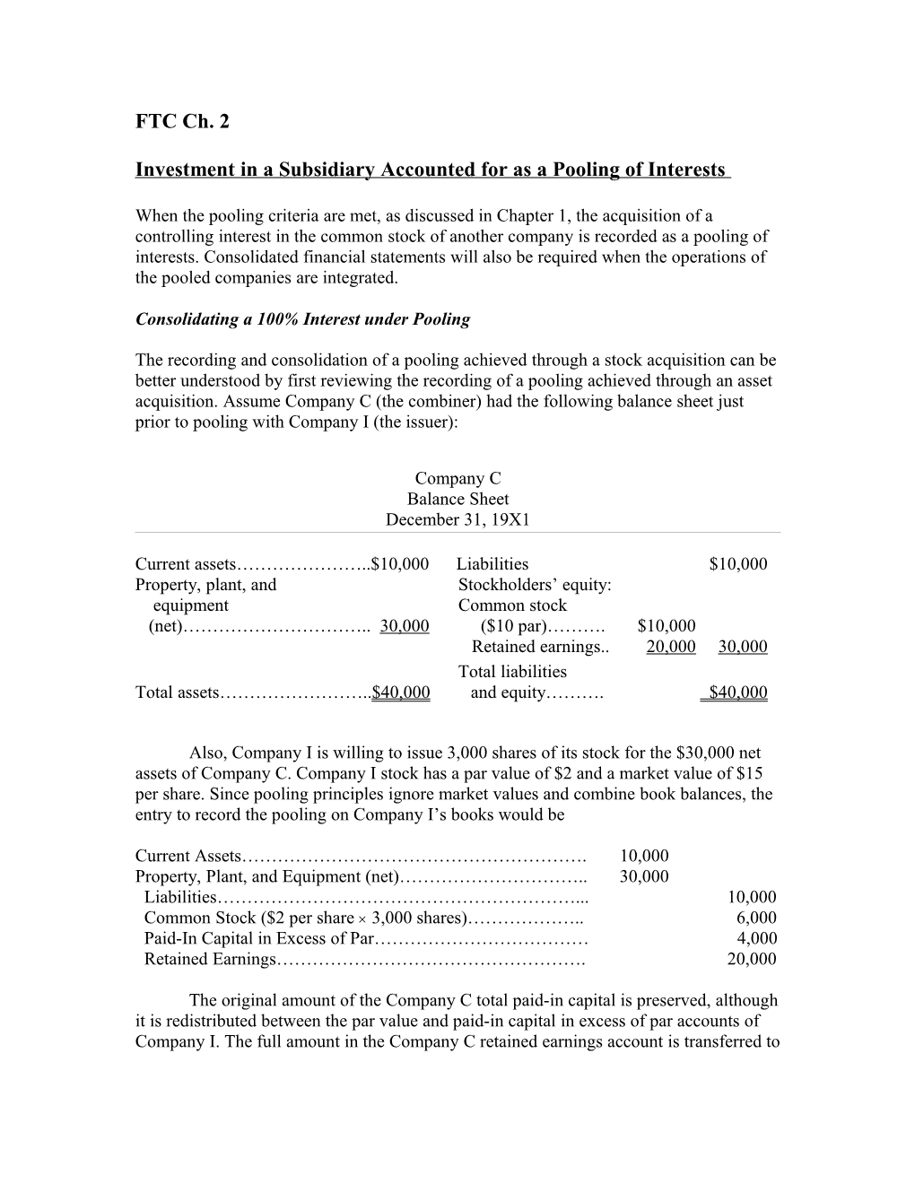 Investment in a Subsidiary Accounted for As a Pooling of Interests