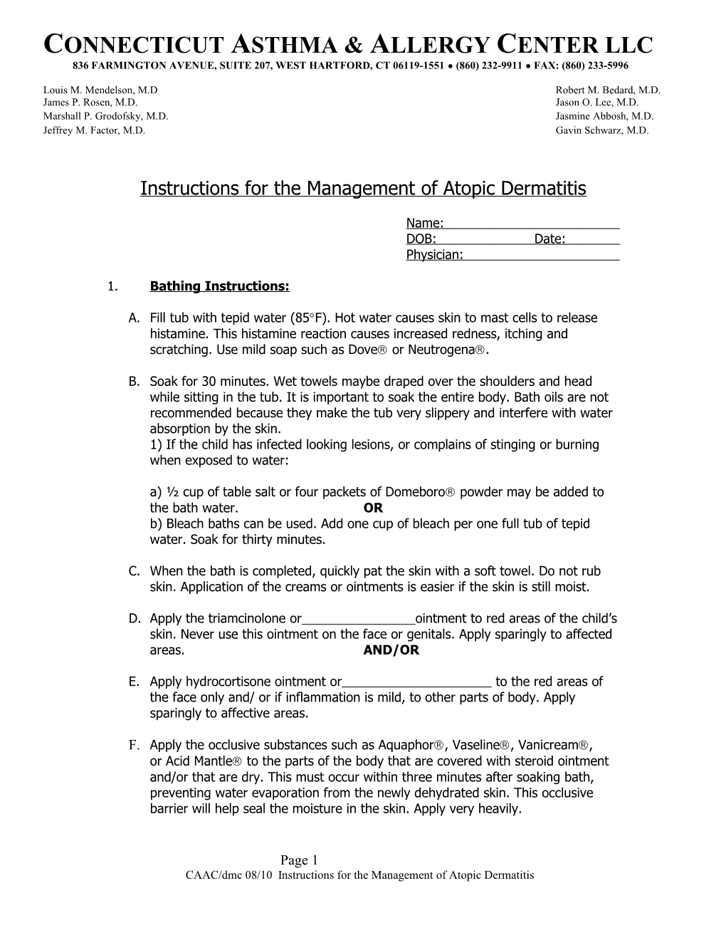 Instructions for Management of Atopic Dermatitis