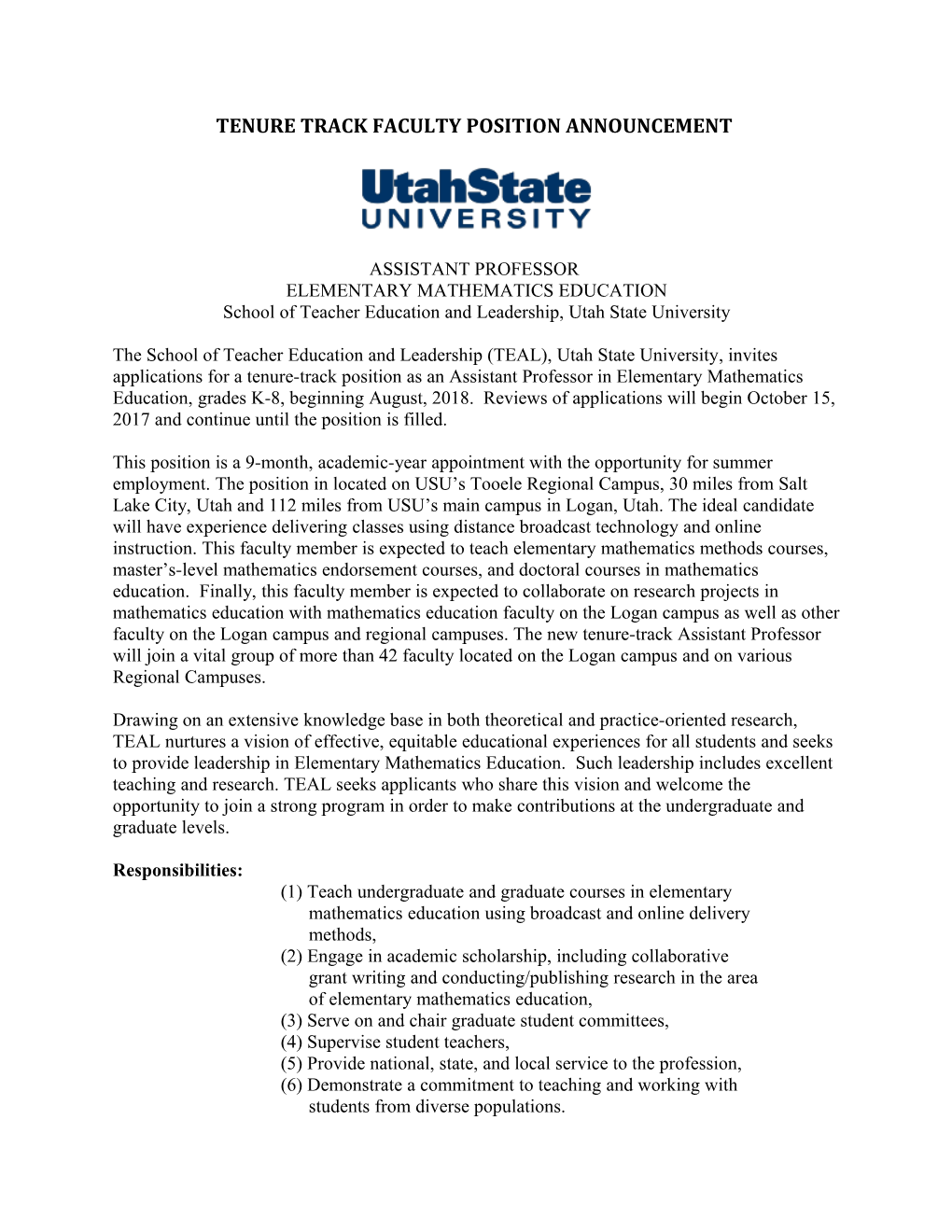 Tenure Track Faculty Position Announcement