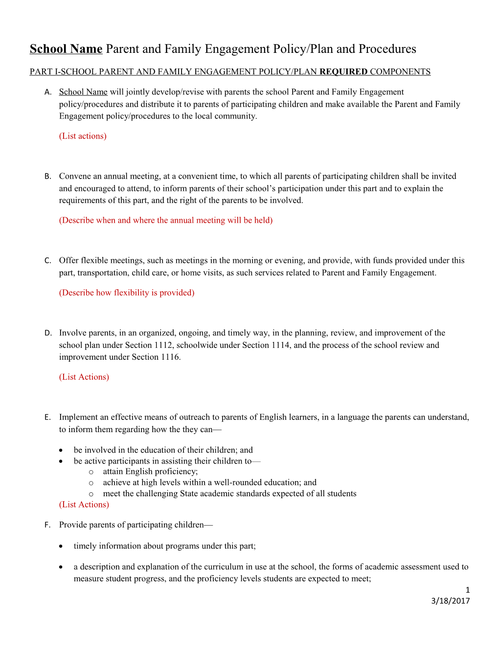 School PFE Policy/Plan and Procedures Template