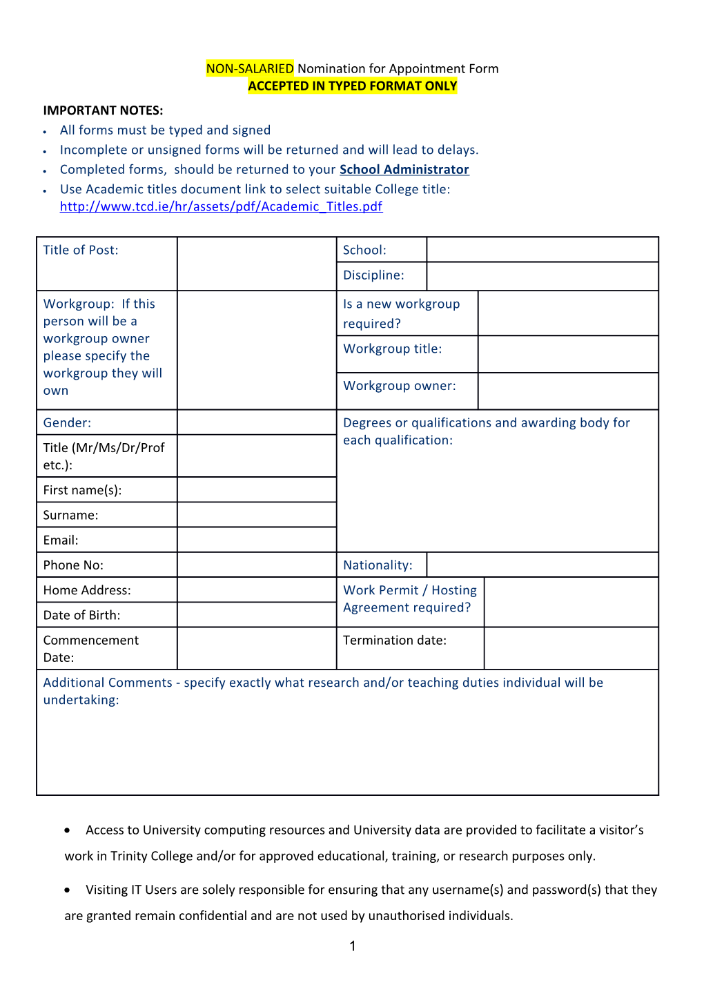 NON-Salariednomination for Appointment Form