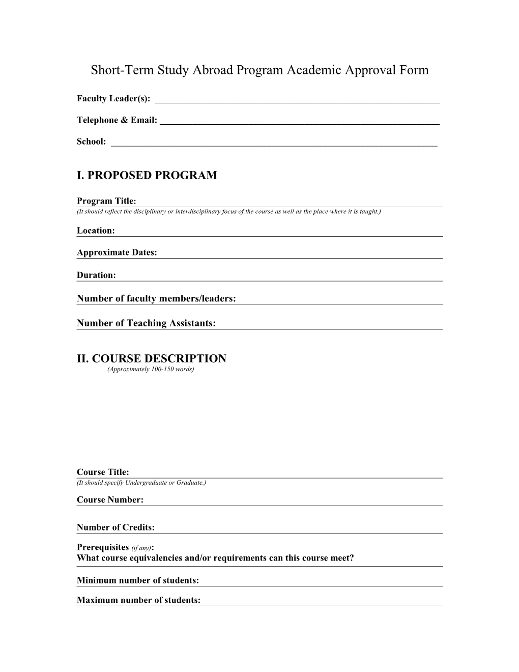 Short-Term Study Abroad Program Academic Approval Form