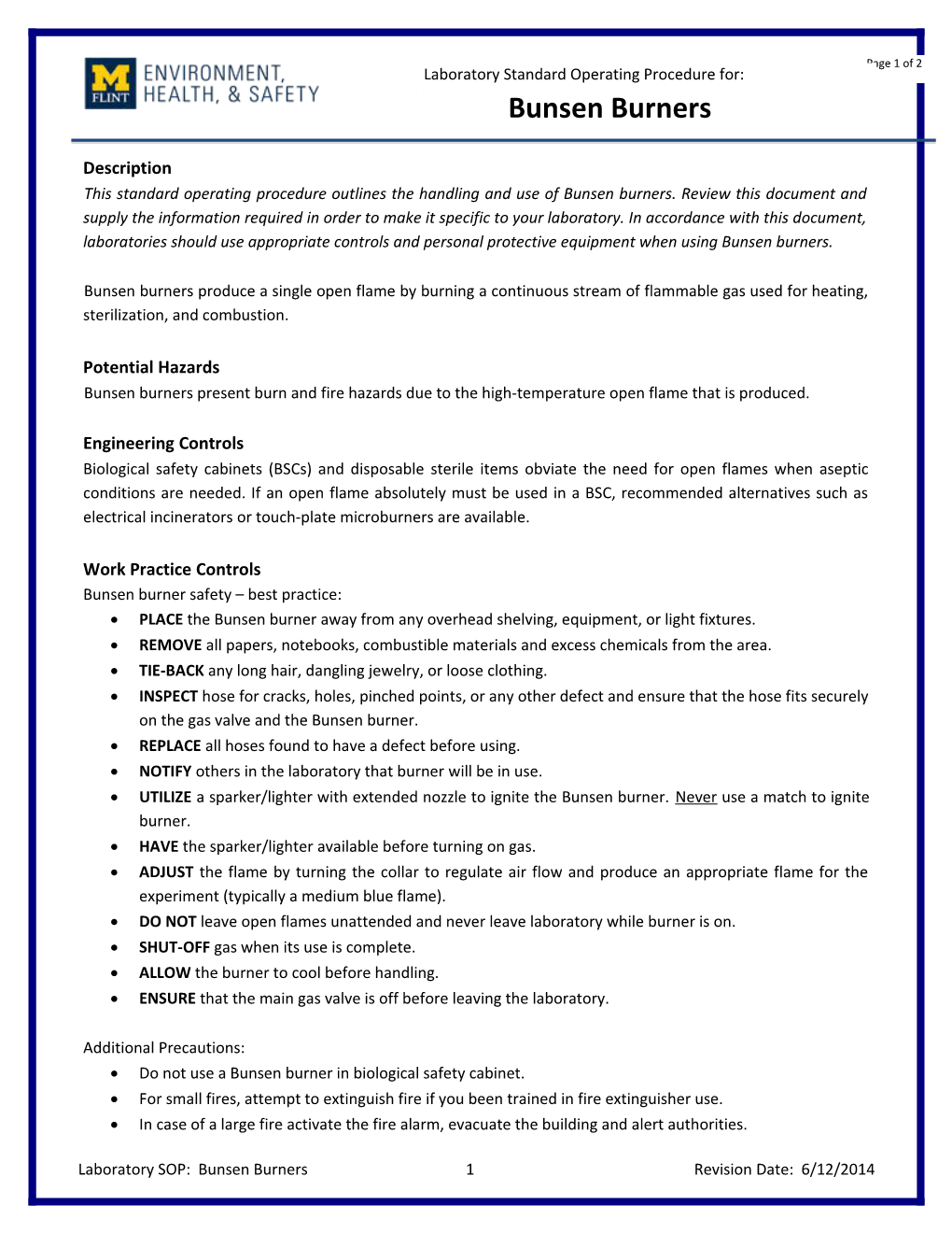 Laboratory SOP: Bunsen Burners1revision Date: 6/12/2014