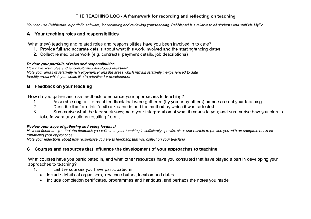 THE TEACHING LOG - a Framework for Recording and Reflecting on Teaching