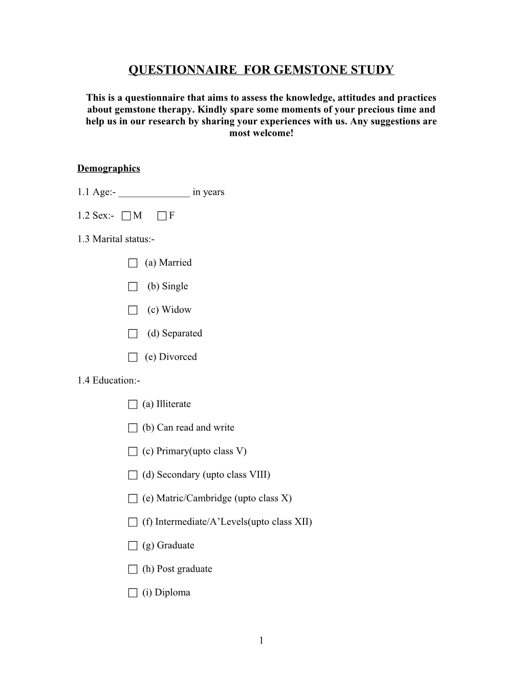 Questionnaire for Gemstone Study