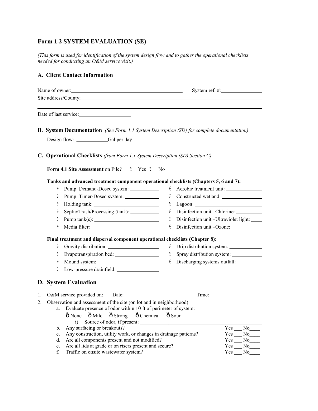 Form 1.2 SYSTEM EVALUATION (SE)