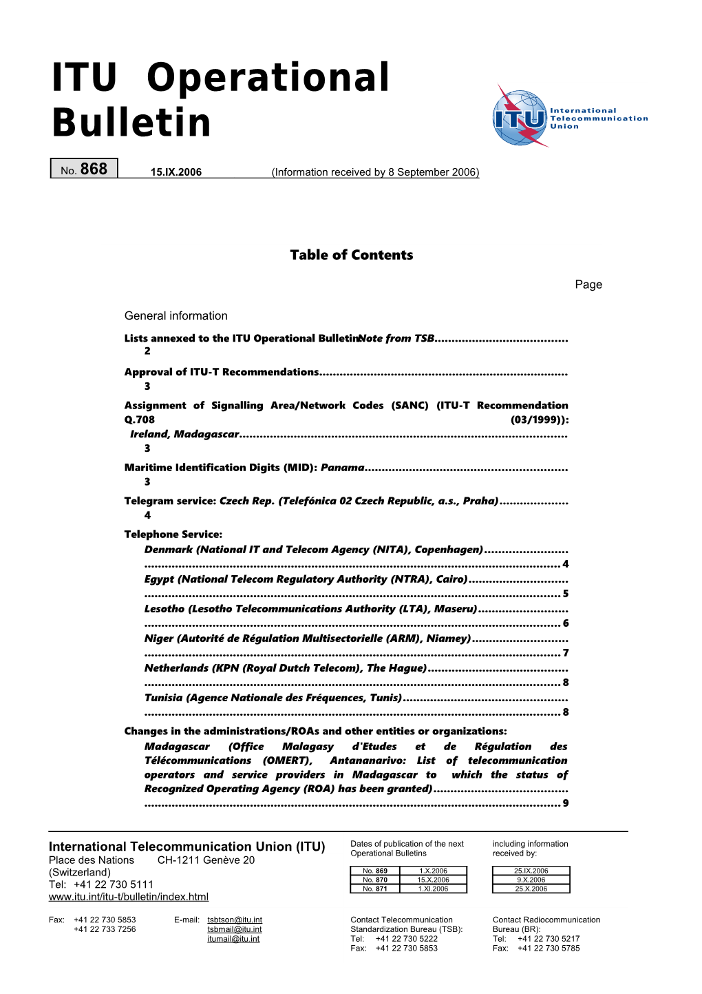 ITU Operational Bulletin No. 868