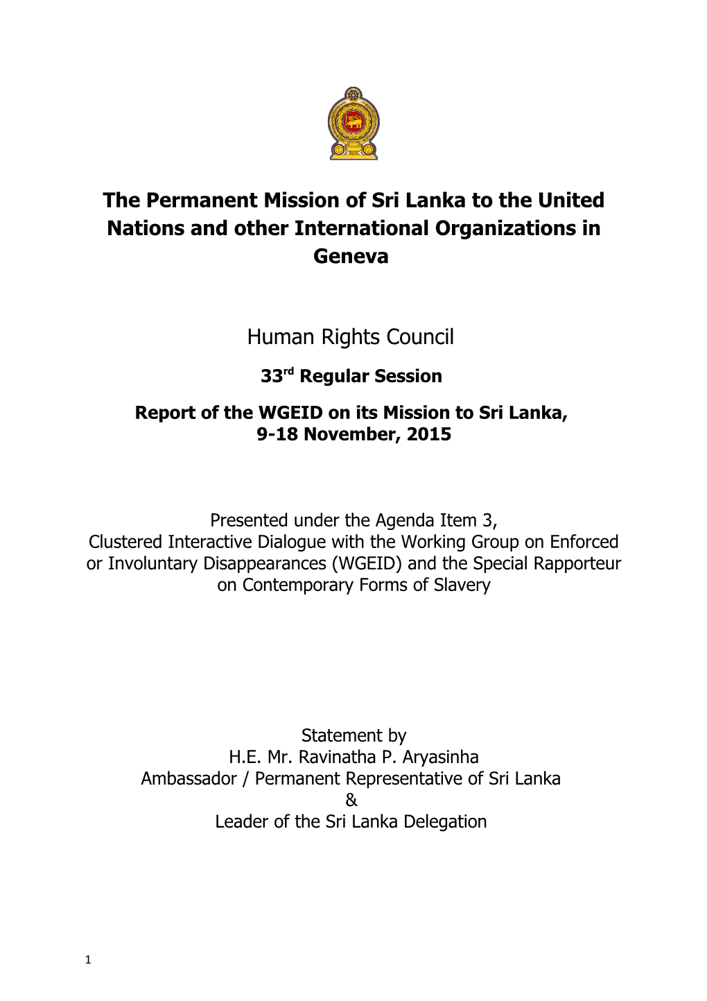 Report of the WGEID on Its Mission to Sri Lanka