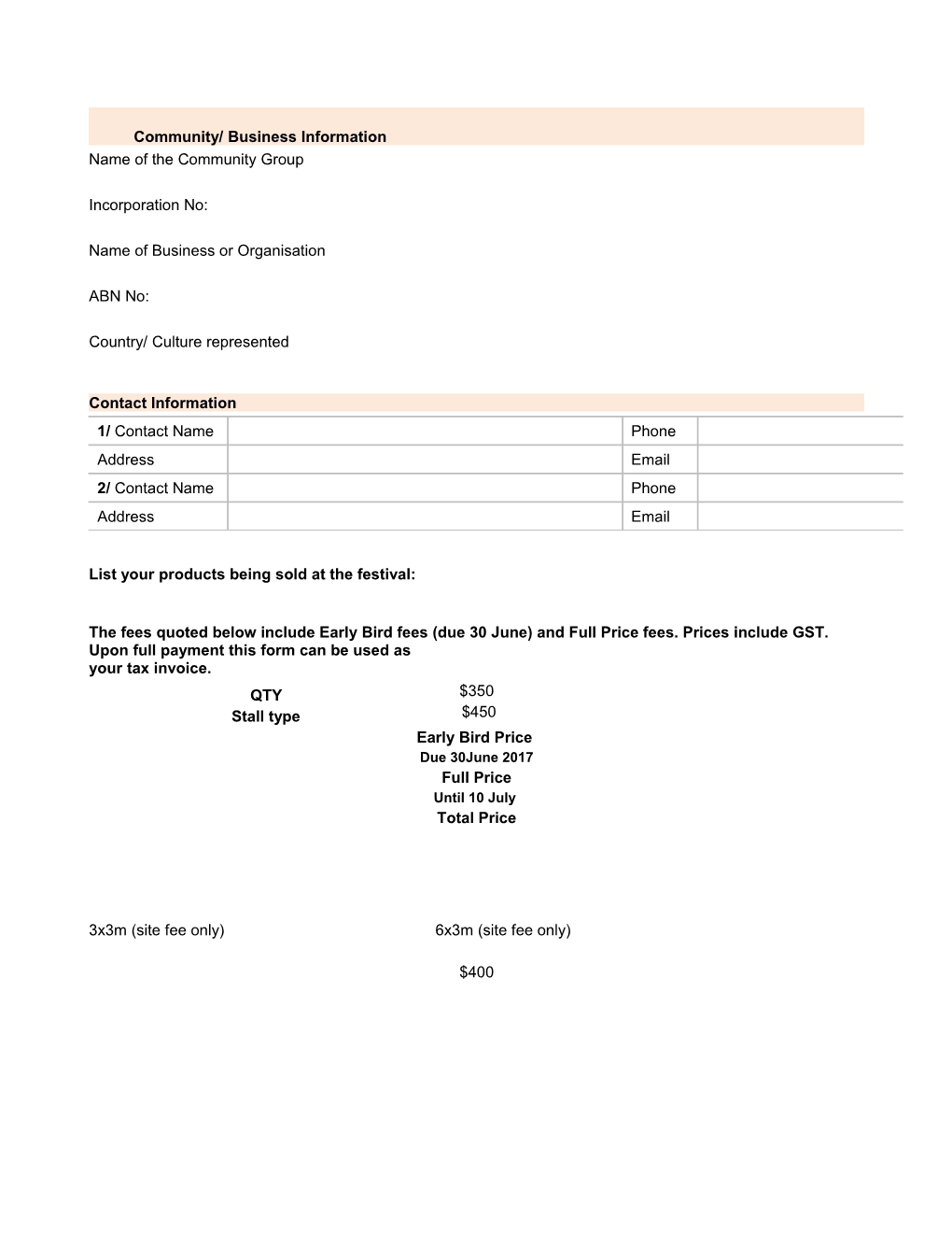 Commercial Food Stall Application Form