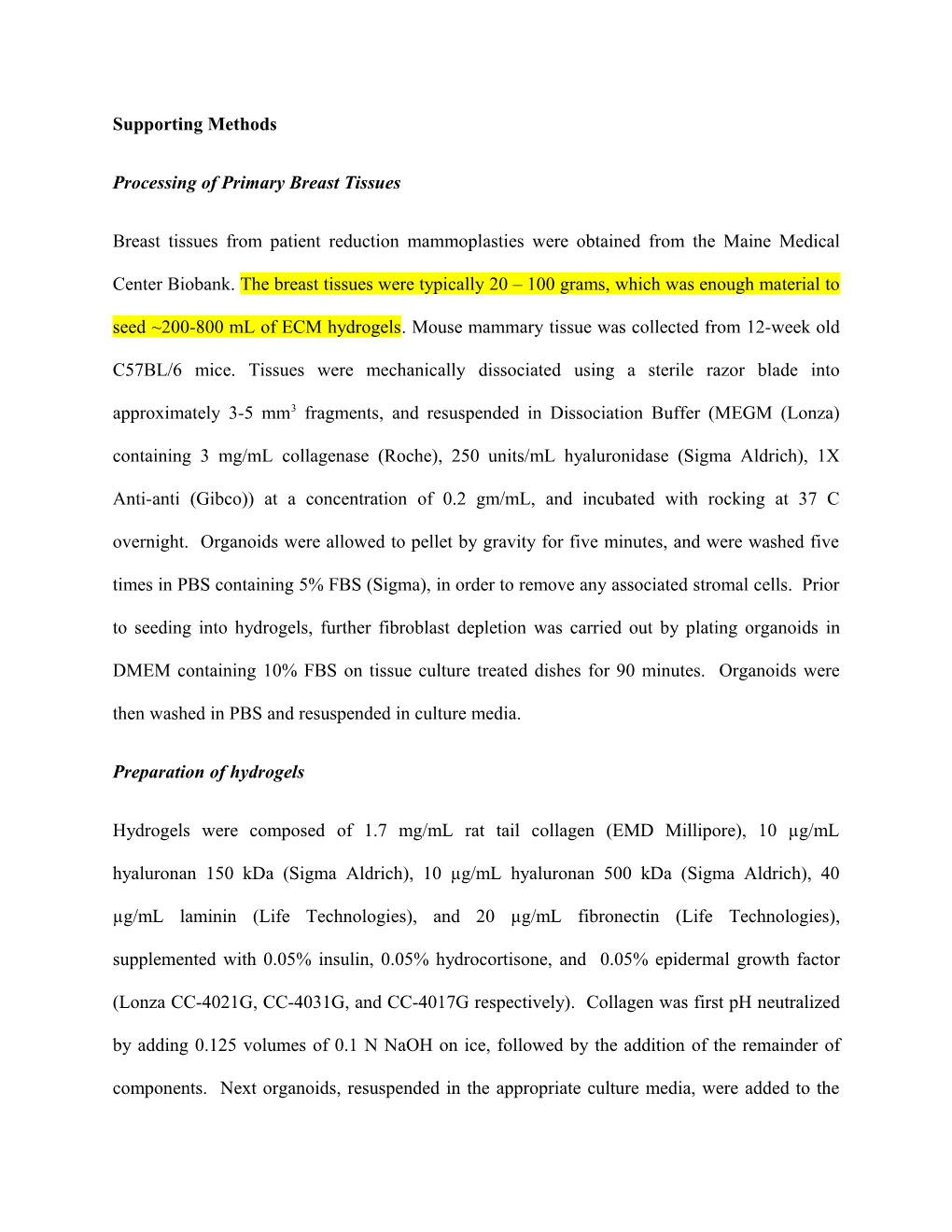 Processing of Primary Breast Tissues