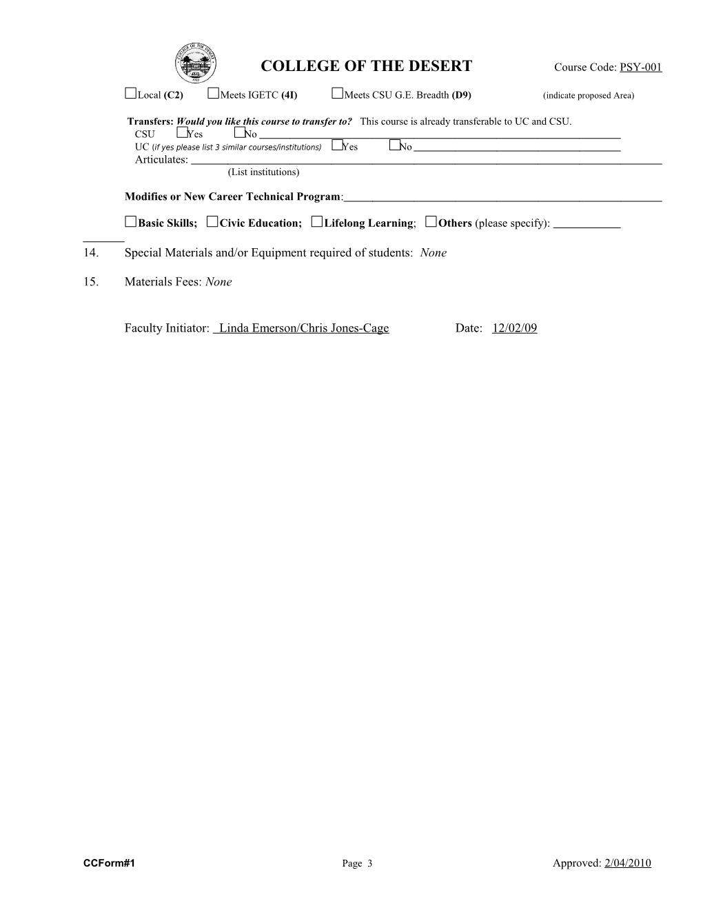 Course Outline of Record Form