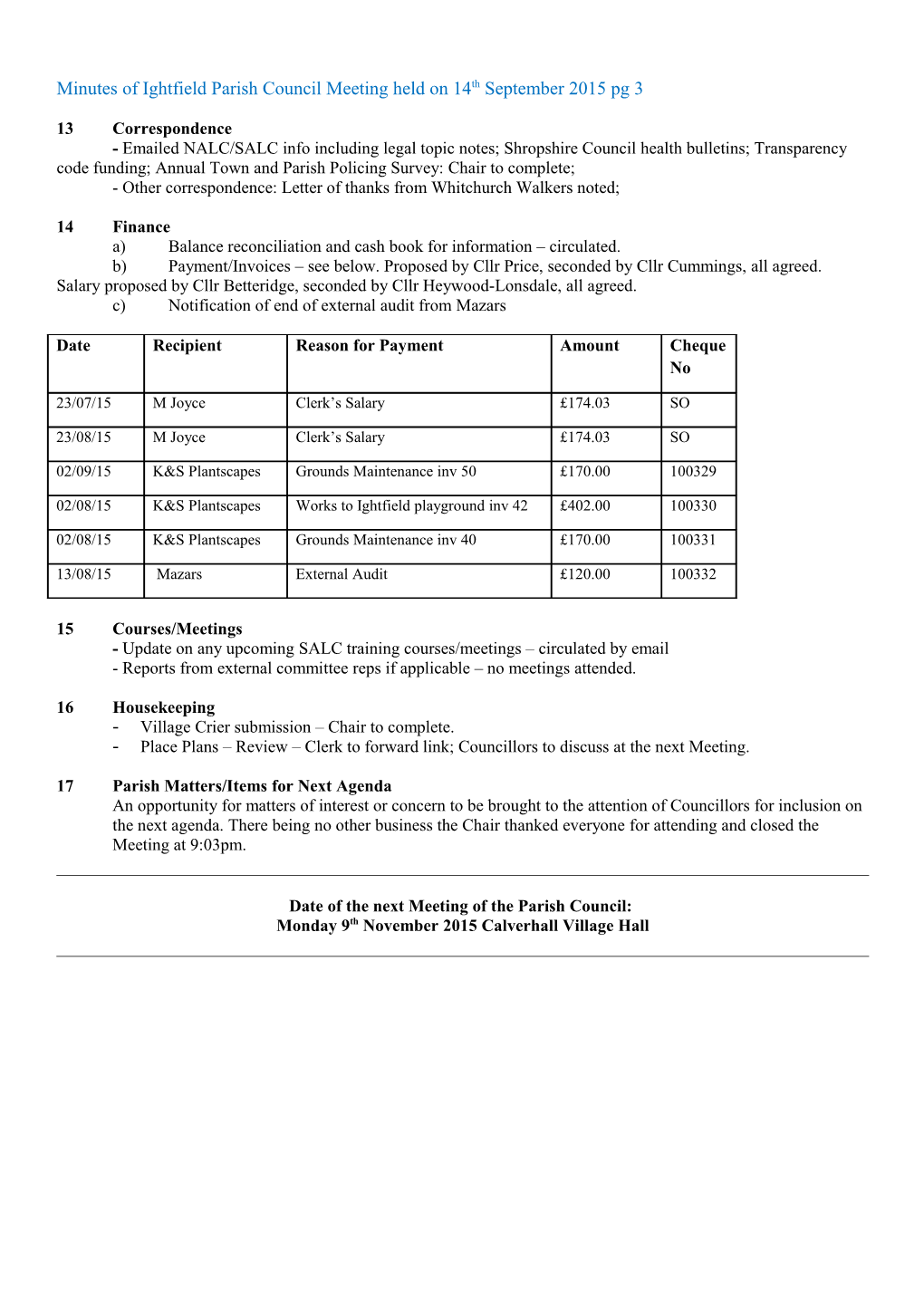 Minutes of the Meeting of Ightfield Parish Coucil 14Th September 2015