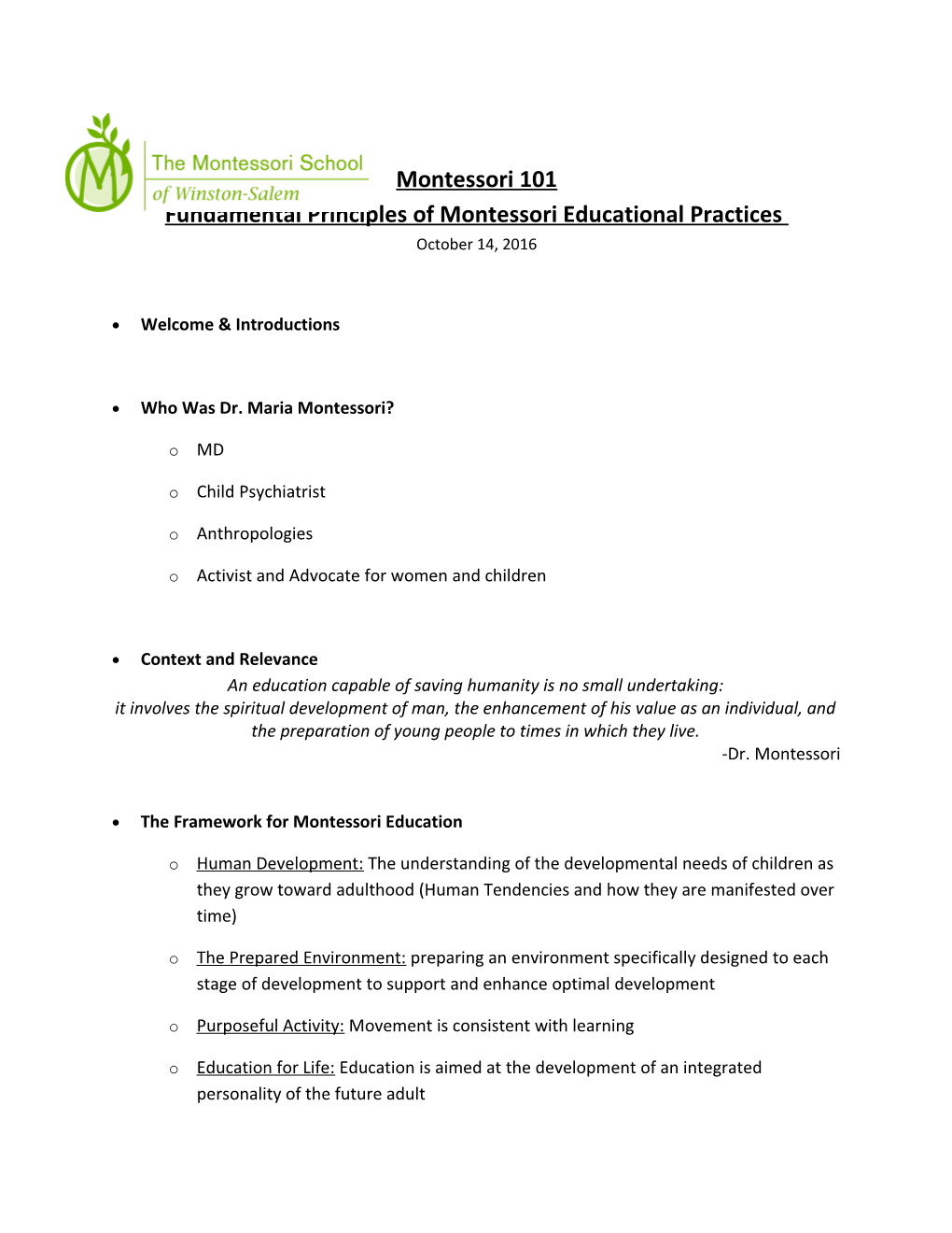Fundamental Principles of Montessori Educational Practices