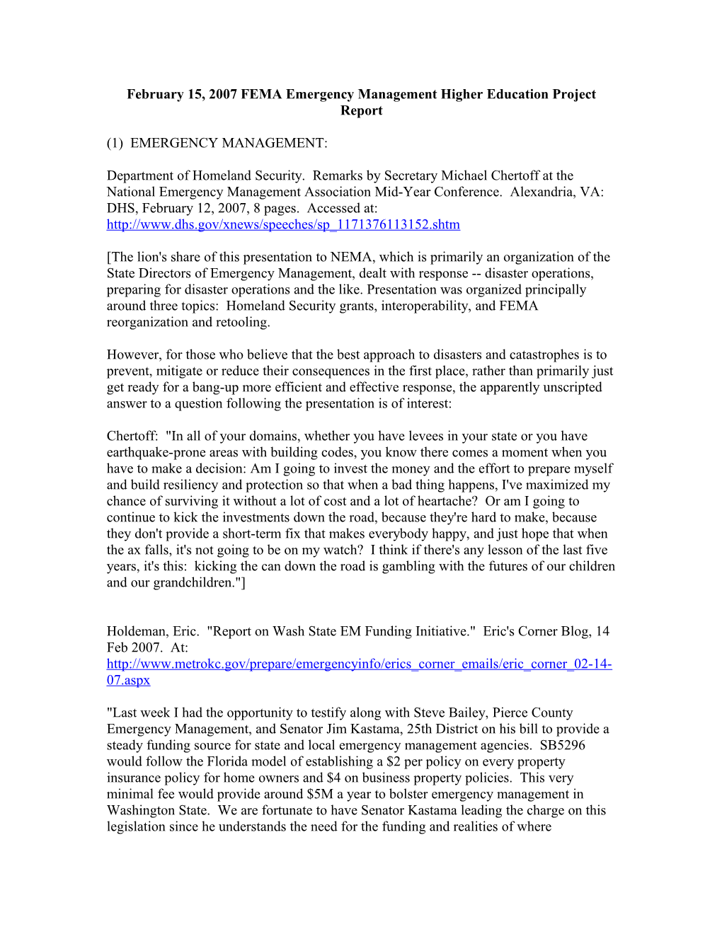 February 15, 2007 FEMA Emergency Management Higher Education Project Report
