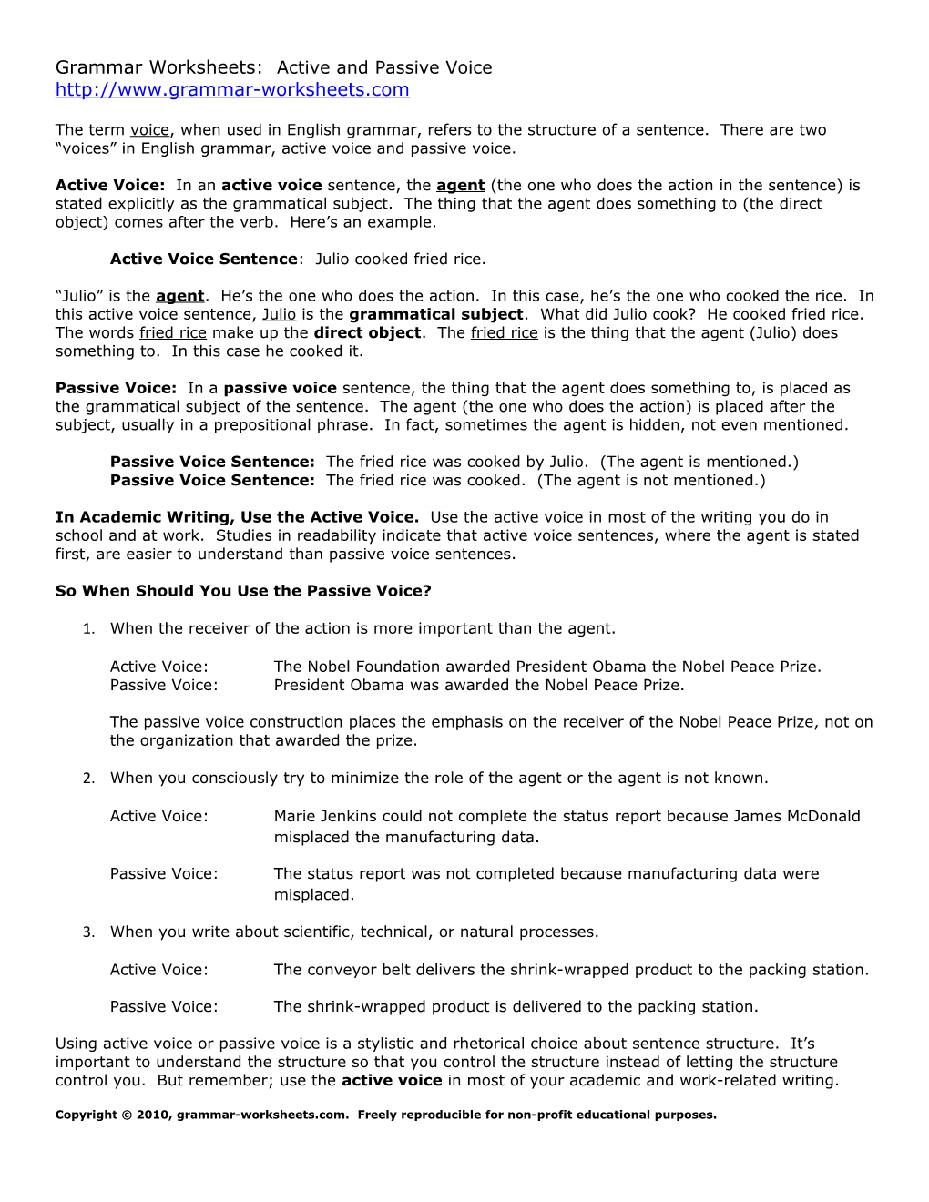 Grammar Worksheets: Active and Passive Voice