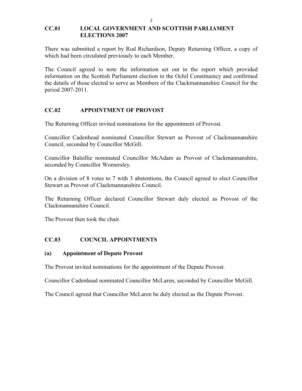 Minute of Council Meeting Held on 24Th May 2007