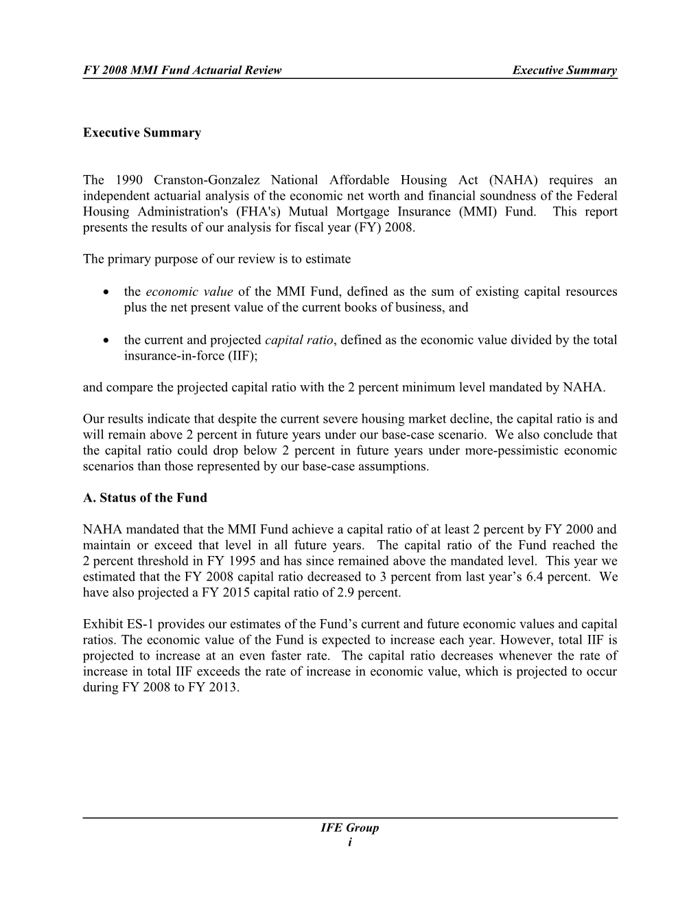 FY 2008 MMI Fund Actuarial Reviewexecutive Summary