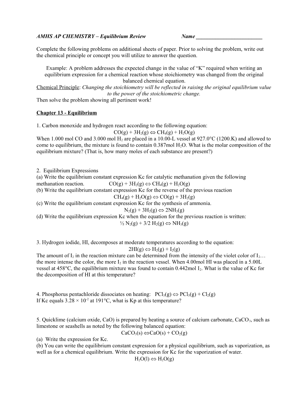 AMHS AP CHEMISTRY Equilibrium Reviewname ______