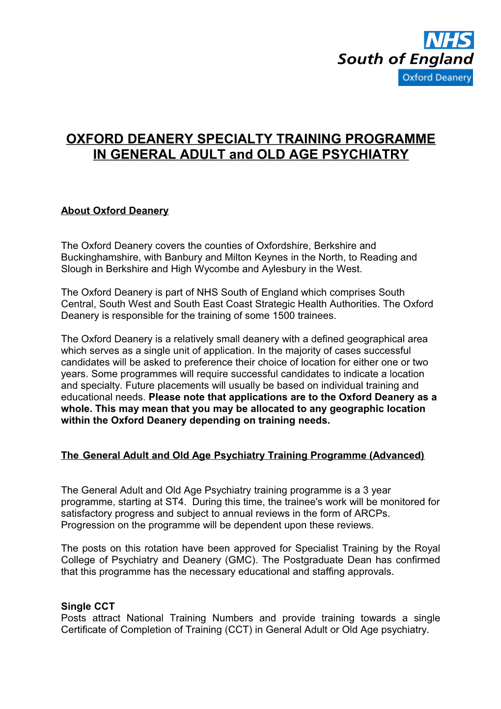 OXFORD DEANERY SPECIALTY TRAINING PROGRAMME in General Adult and Old Age Psychiatry