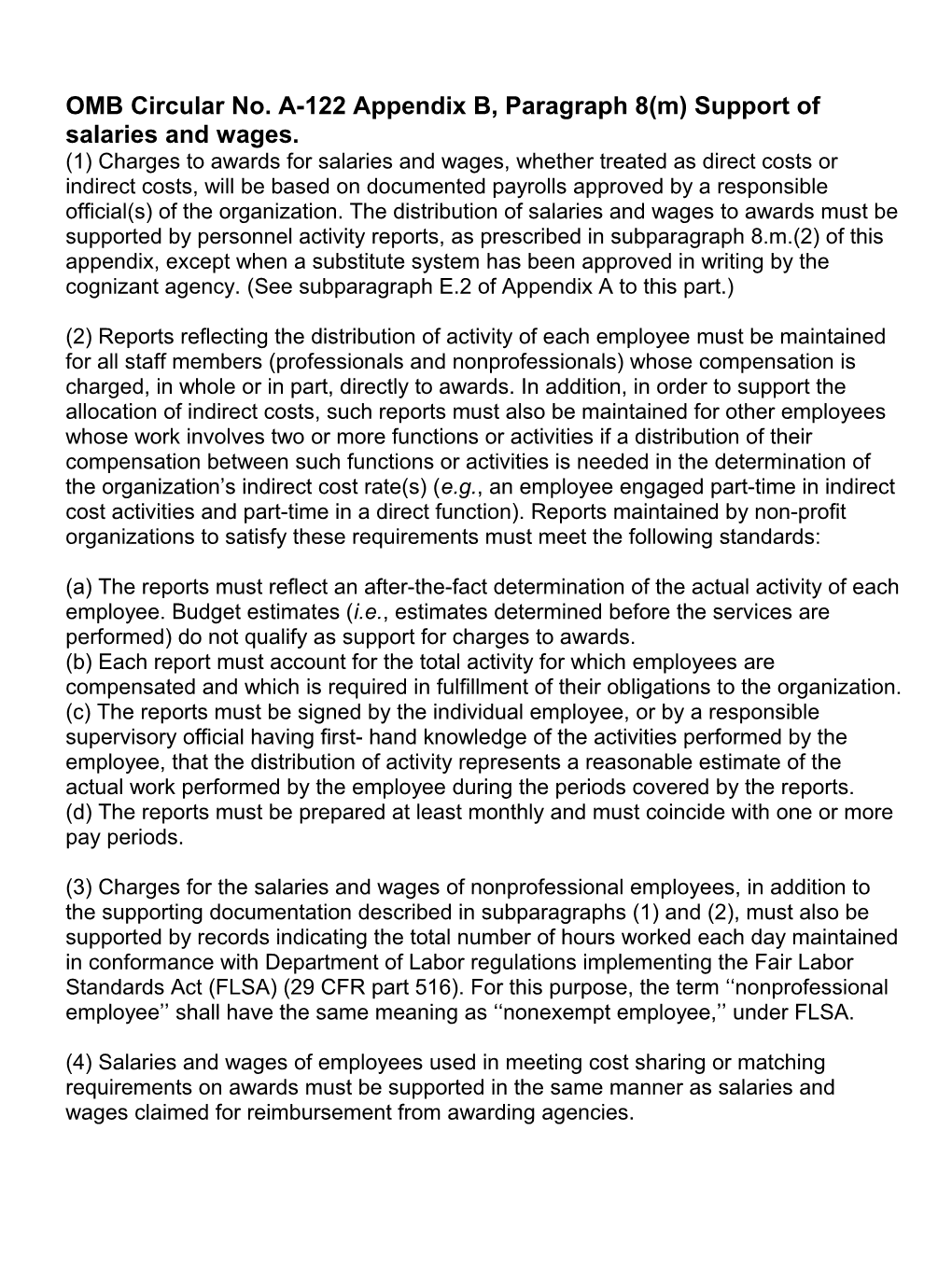 OMB Circular No. A-122 Appendix B, Paragraph 8(M) Support of Salaries and Wages