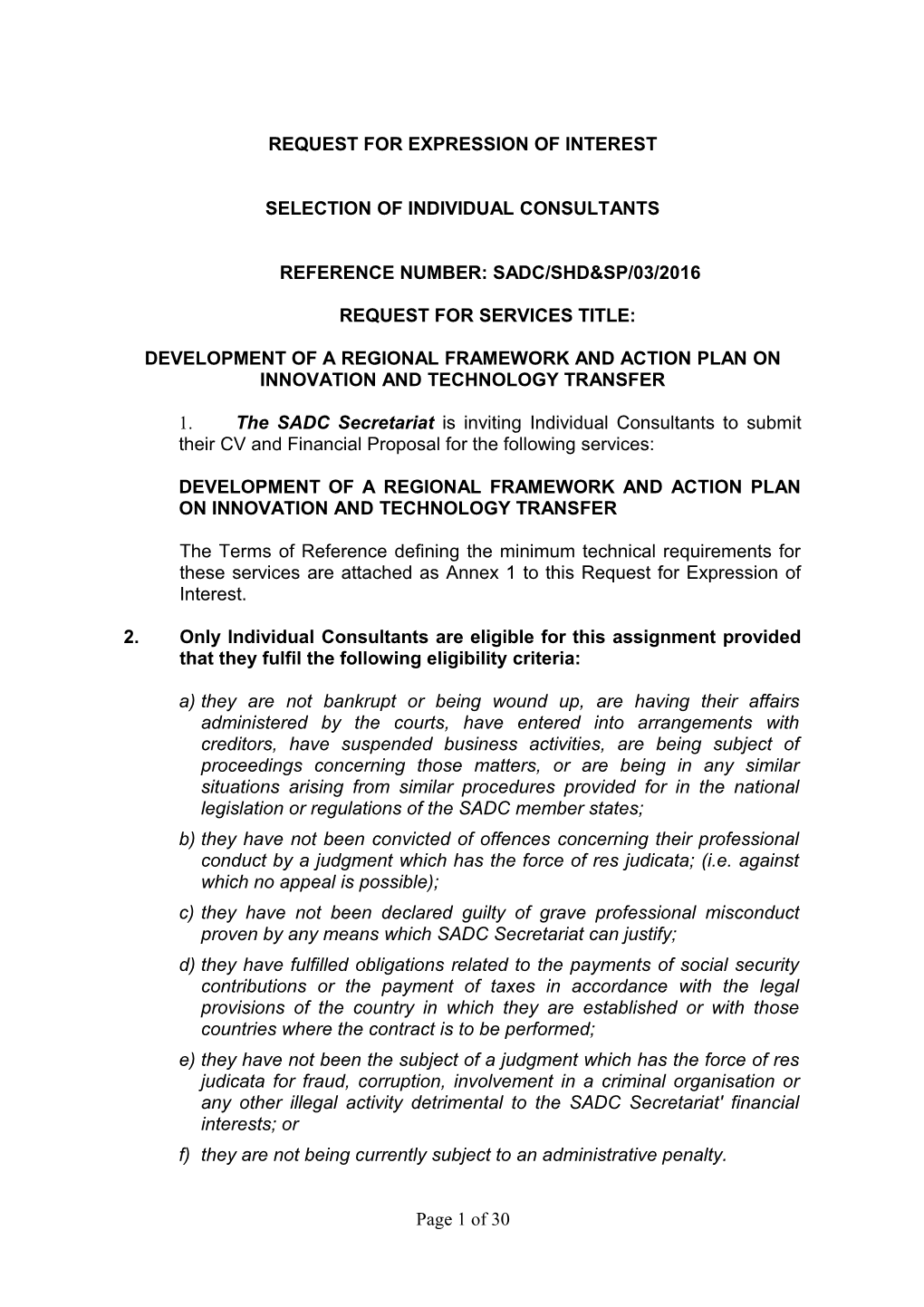 Reference Number: Sadc/Shd&Sp/03/2016 Development of a Regional Framework and Action Plan