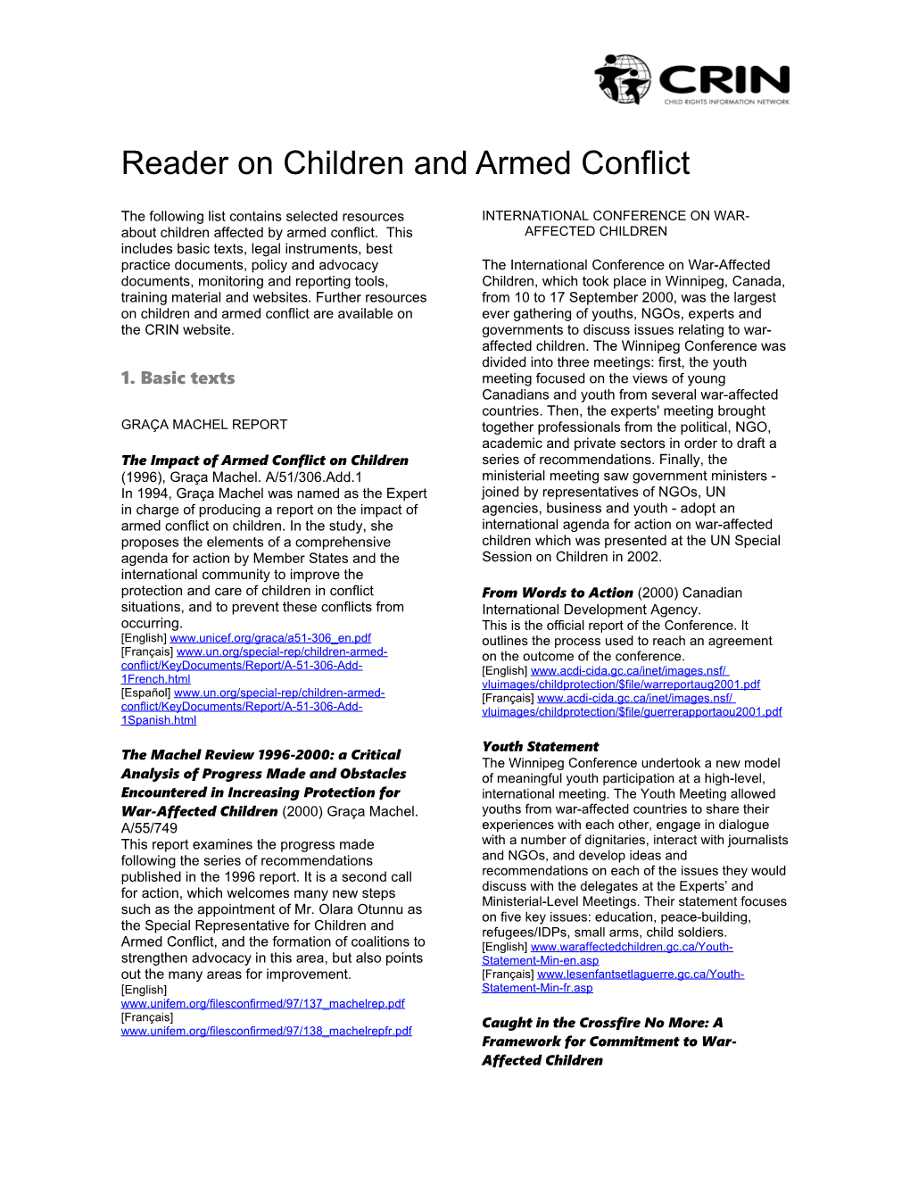 Reader on Children and Armed Conflict